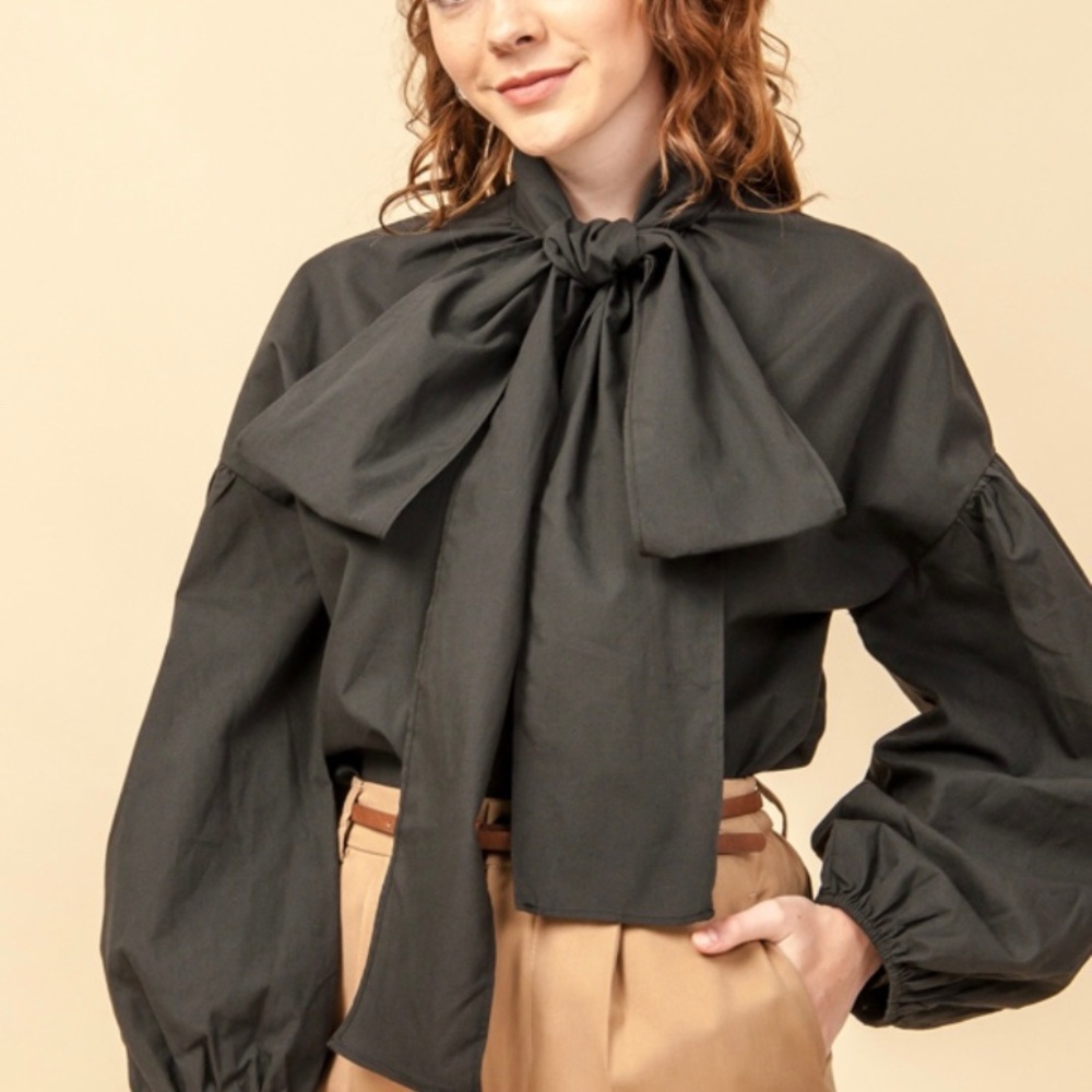 Puffed Sleeve Bow Tie Button Down Blouse - Picture 3 of 5